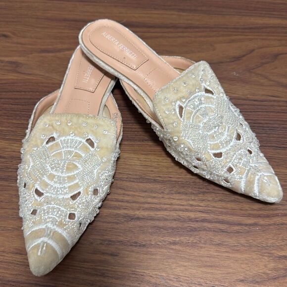 Alberta Ferretti Beige Velvet Flat Mules Embellished with Beads & Crystals. - Picture 1 of 10
